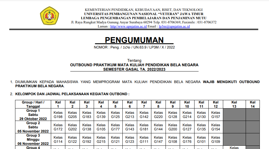 PengumumanOutbond Praktikum Pendidikan Bela Negara