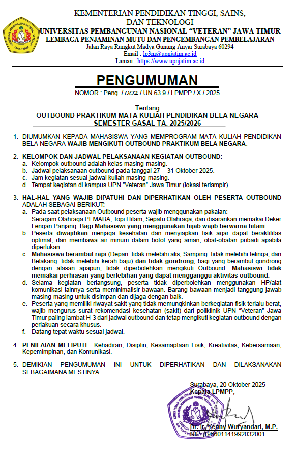 Pengumuman Praktikum Outbound Pend. Bela Negara