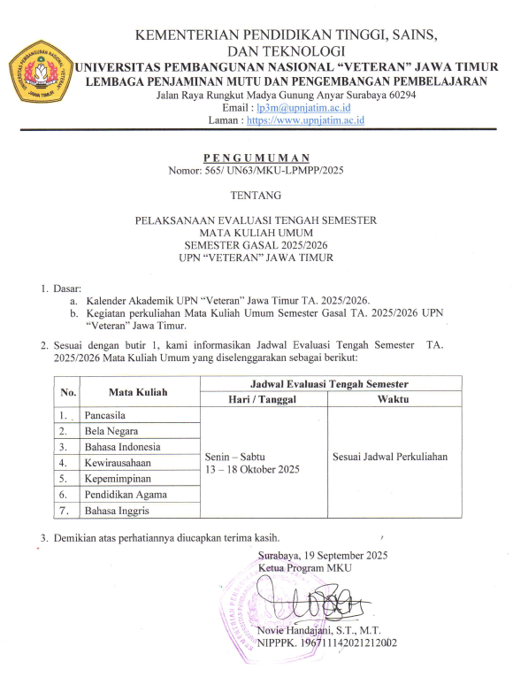 Pengumuman Jadwal ETS MKU Semester Gasal 2025/2026